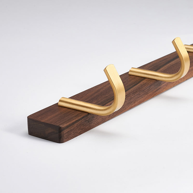 SARIHOSY 5 J Shape Hook Rack Coat Rack Walnut Wood Gold Plated Hook Wall Mounted Rack for Bathroom Kitchen Living Room 101-5