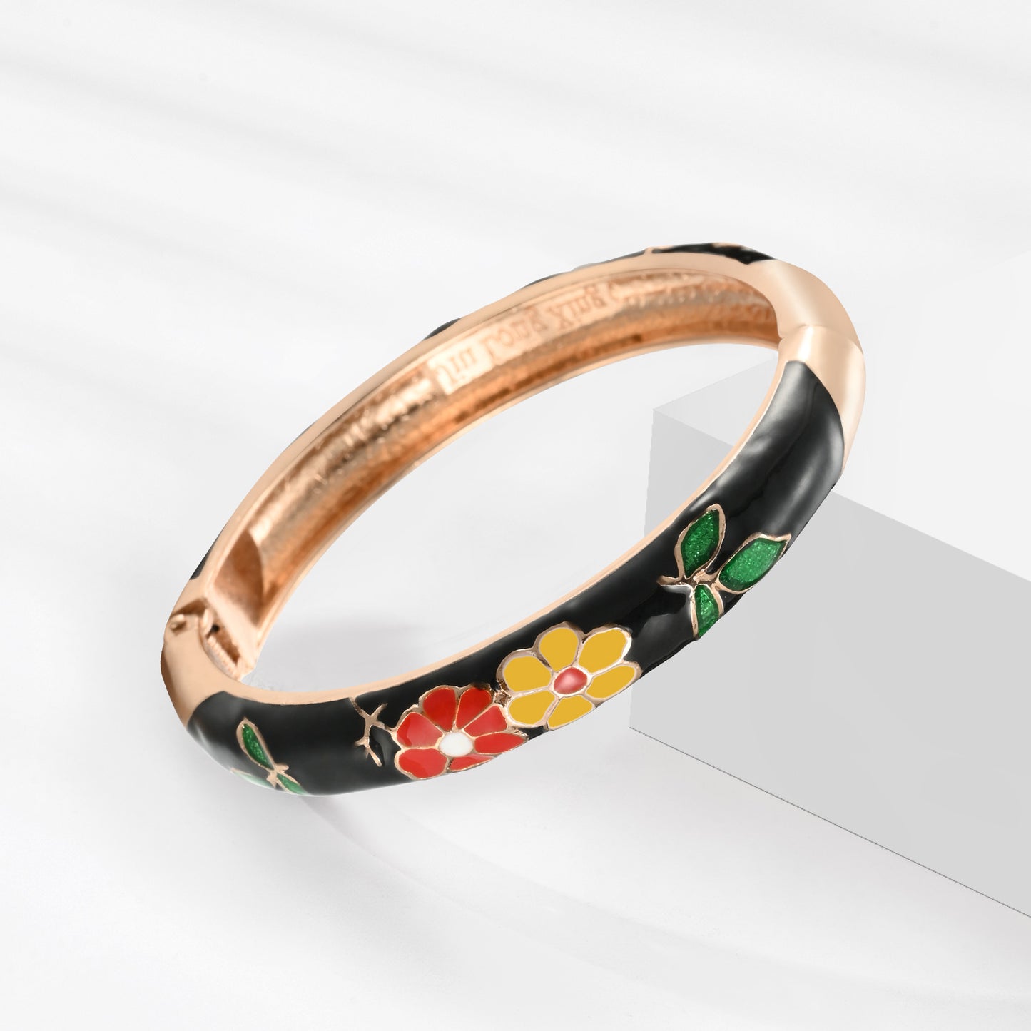 UJOY Cloisonne Bangle Black Rose Gold Bracelet with Multicolored Floral Motif Gifts for Women Girls