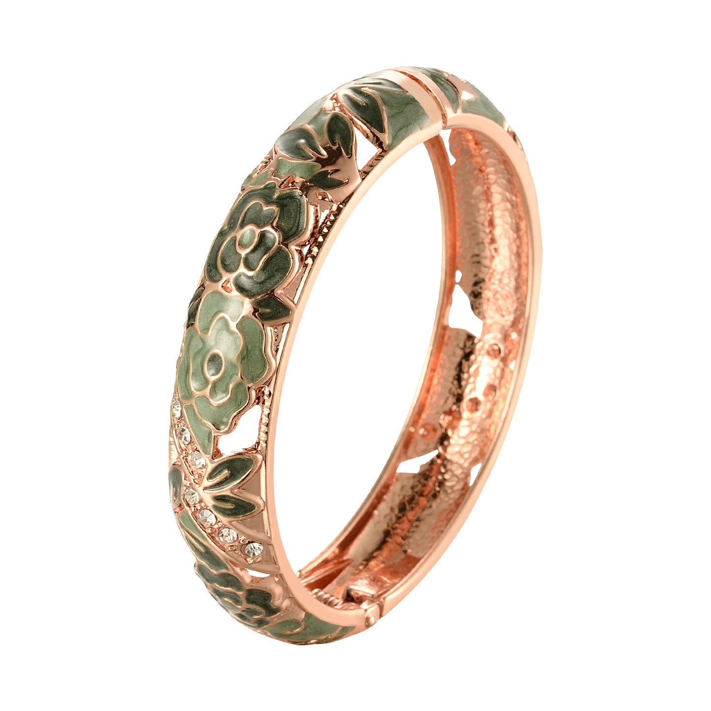 UJOY Vintage Jewelry Cloisonne Handcrafted Enameled Gorgeous Rhinestone Rose Gold Hinged Cuff Bracelet