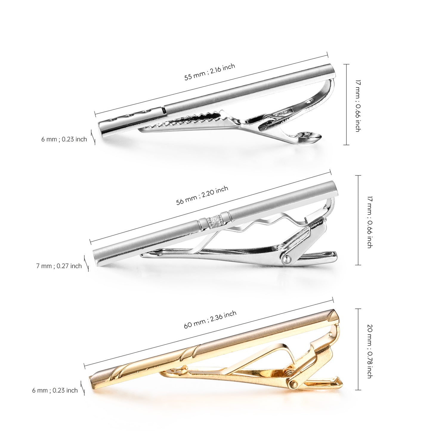 UJOY Tie Clips for Men, 3 Pcs Tie Bars Pinch Clip Set Silver Black 2.3 Inches Business Shirt Necktie Parts