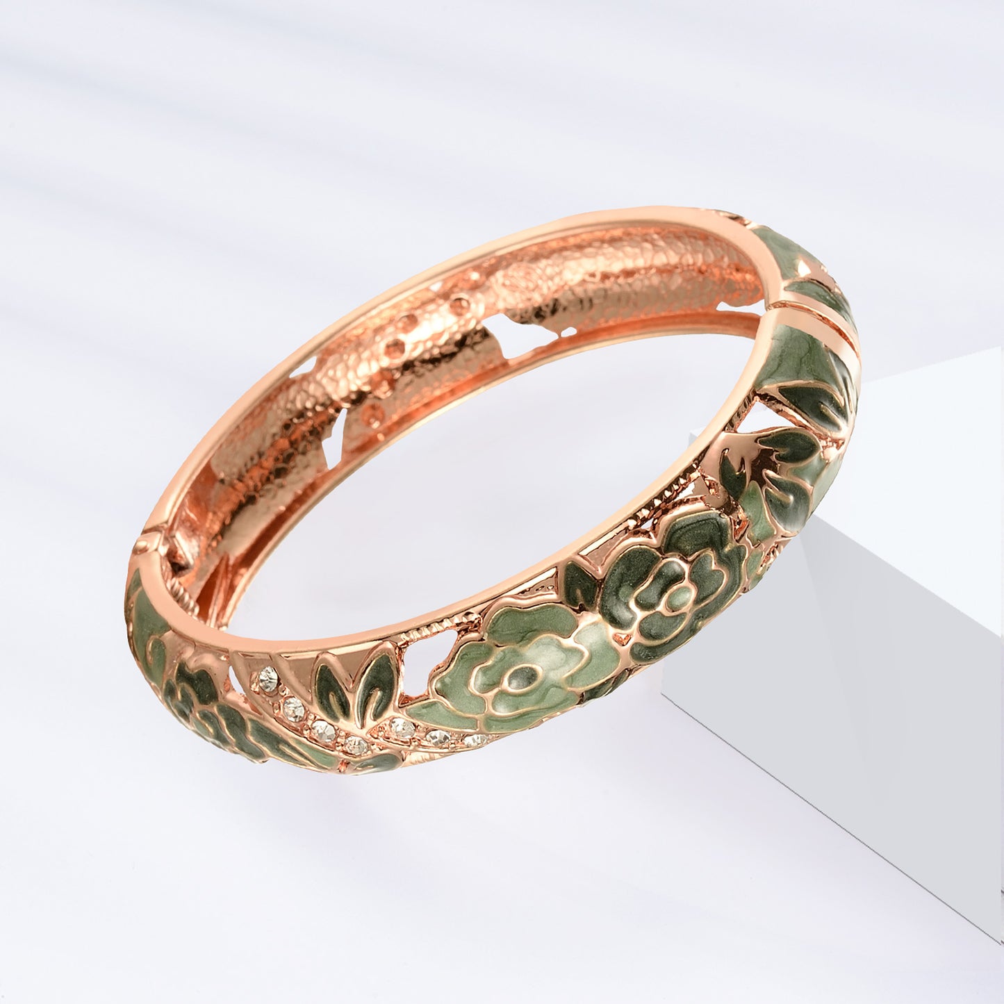 UJOY Vintage Jewelry Cloisonne Handcrafted Enameled Gorgeous Rhinestone Rose Gold Hinged Cuff Bracelet
