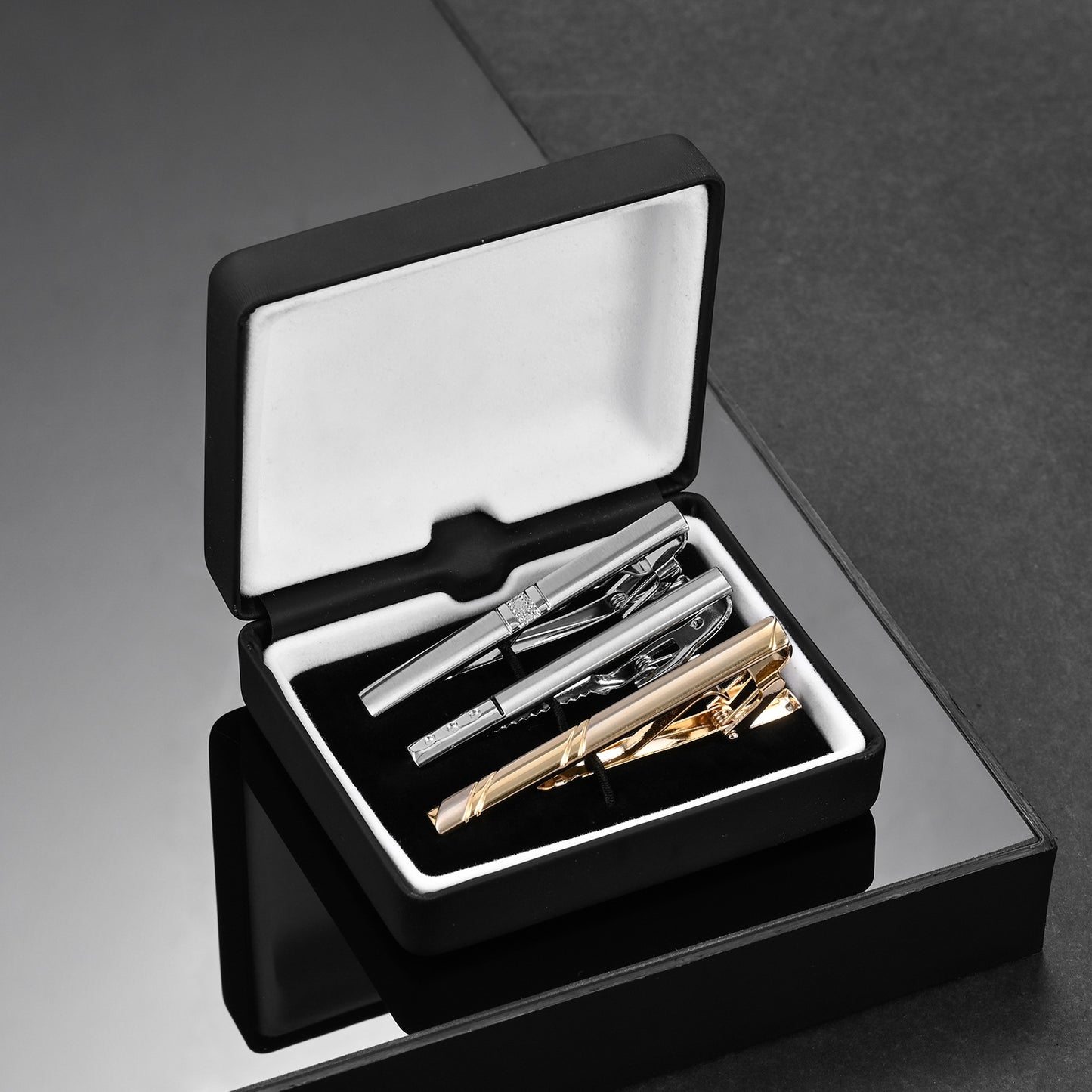 UJOY Tie Clips for Men, 3 Pcs Tie Bars Pinch Clip Set Silver Black 2.3 Inches Business Shirt Necktie Parts