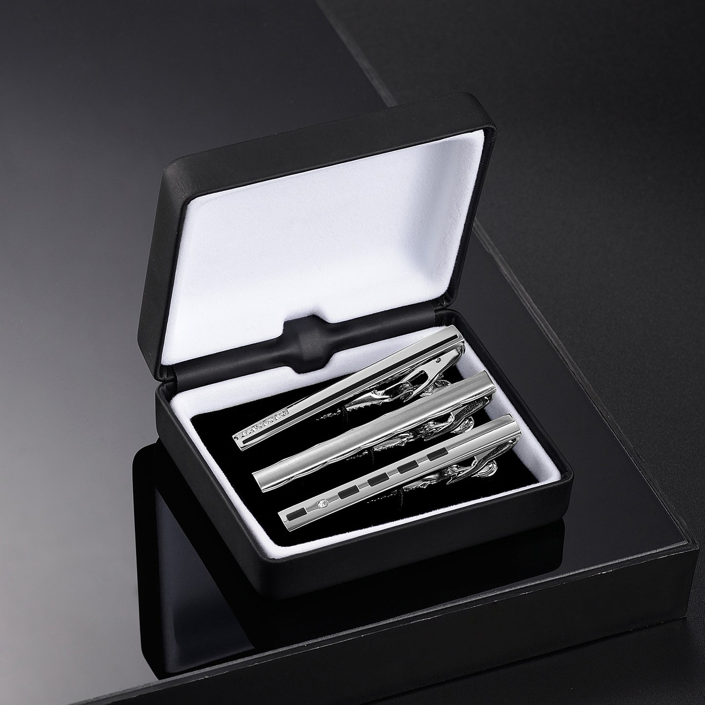 UJOY Tie Clips for Men, 3 Pcs Tie Bars Pinch Clip Set 2.3 Inches Business Shirt Necktie Parts Silver Black