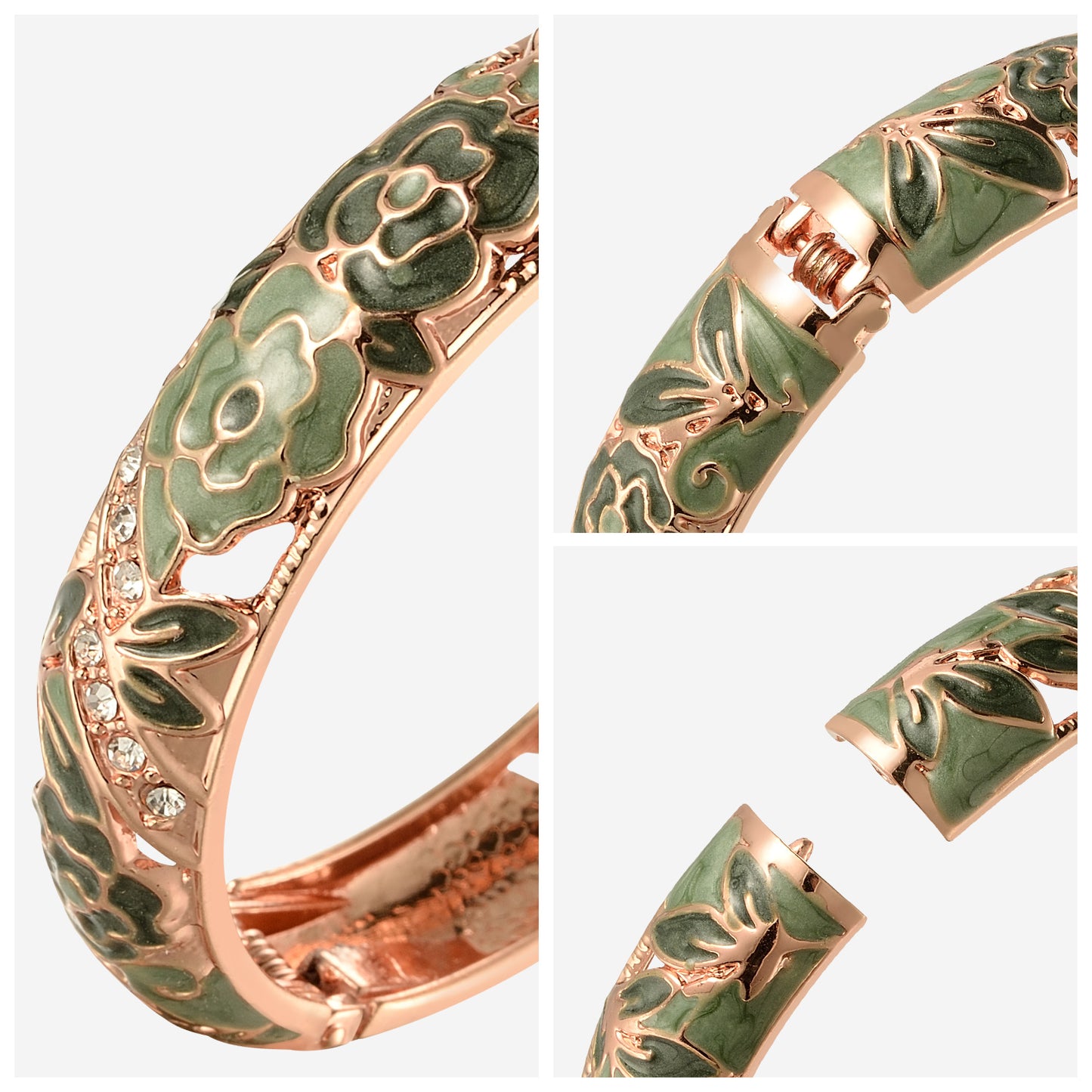 UJOY Vintage Jewelry Cloisonne Handcrafted Enameled Gorgeous Rhinestone Rose Gold Hinged Cuff Bracelet