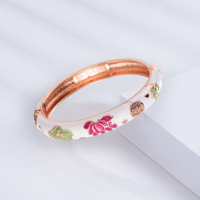 UJOY Elegant Bangles High Quality Flowers Bracelet Jewelry Women‘s Gift Traditional Chinese Cloisonne Lotus Accessories