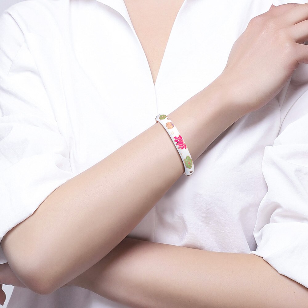 UJOY Elegant Bangles High Quality Flowers Bracelet Jewelry Women‘s Gift Traditional Chinese Cloisonne Lotus Accessories