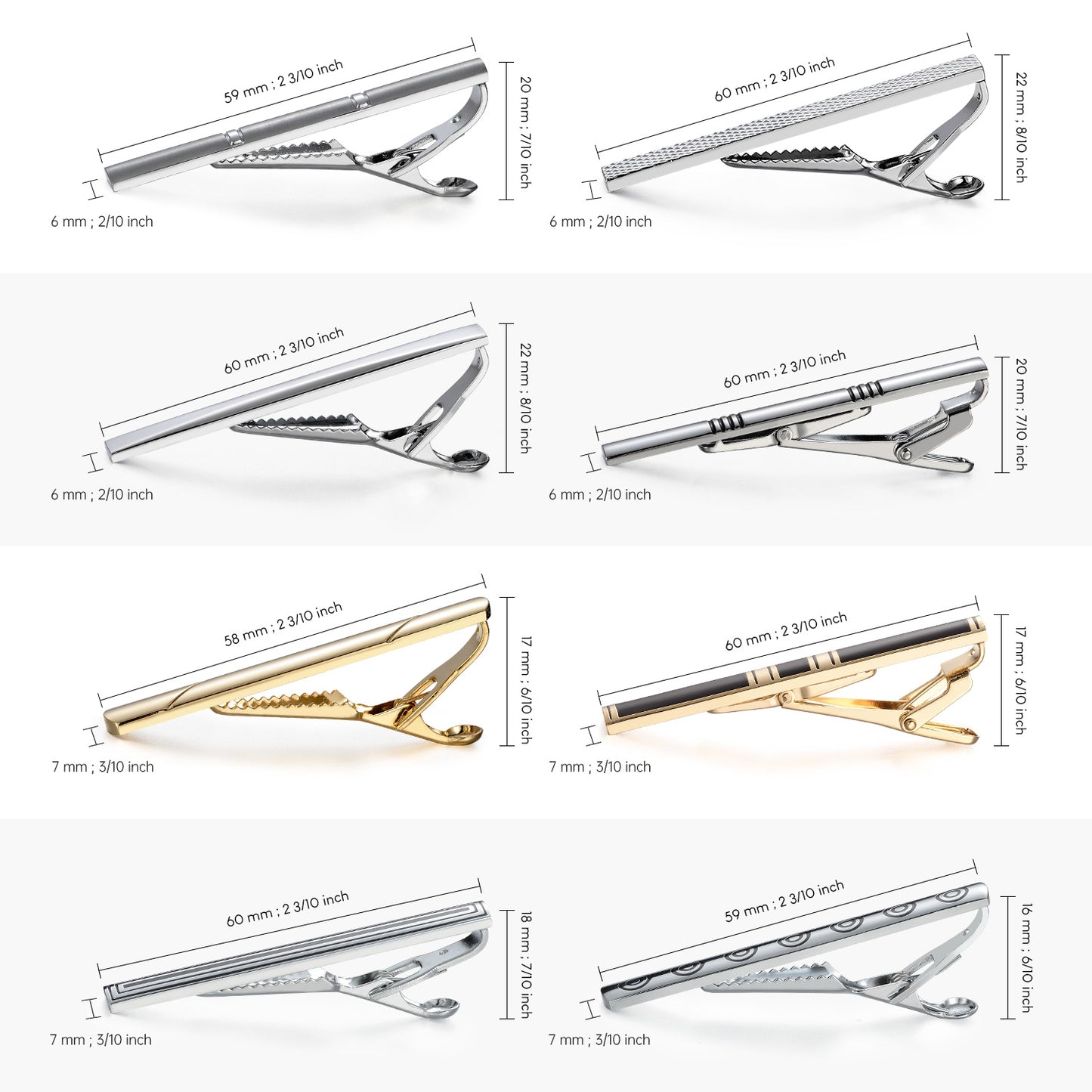 UJOY Tie Clips for Men, 8 Pcs Tie Bars Pinch Clip Set Silver Black 2.3 Inches Business Shirt Necktie Parts