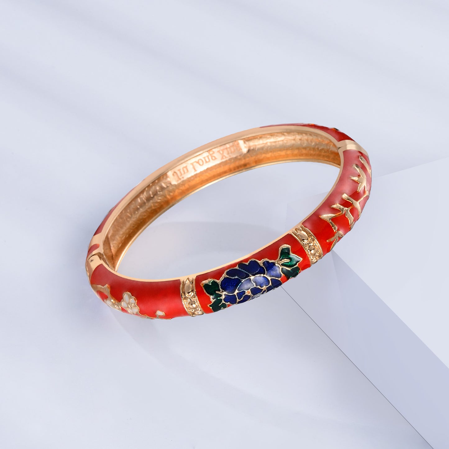 UJOY Vintage Jewelry Cloisonne Handcrafted Enameled Gorgeous Rhinestone Rose Gold Hinged Cuff Bracelet