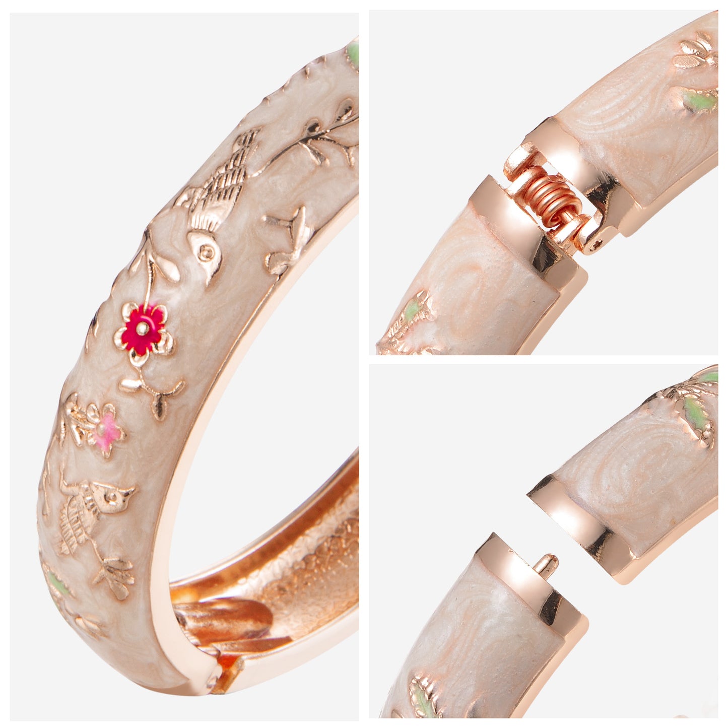 UJOY Colors Handcraft Jewelry Cloisonne Bracelet Enamel Bird Flower Spring Hinged Womens Bangles