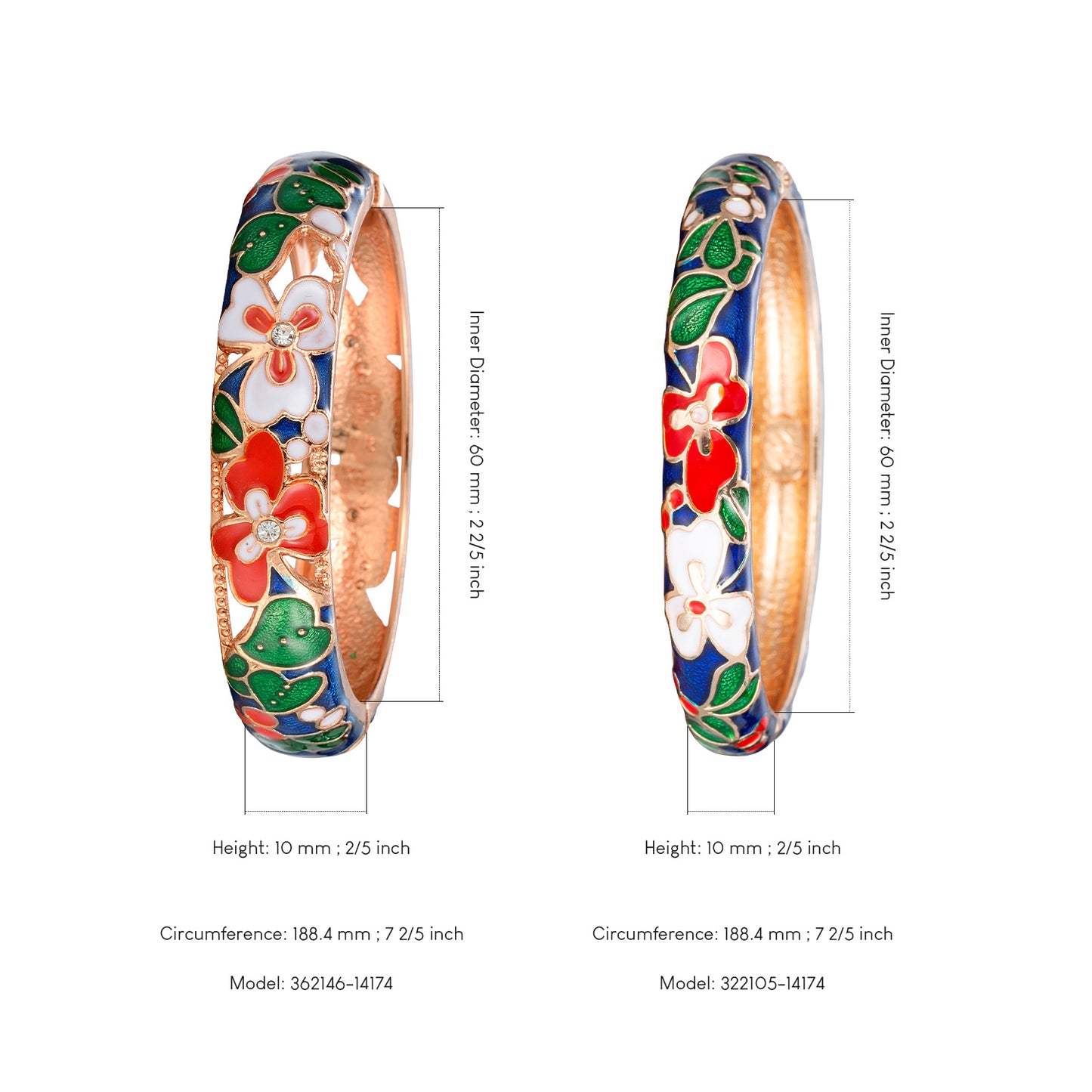UJOY Fashion Set of Cloisonne Bracelets Gold Plated Flowers Filigree Enameled Womens Gifts Bangles