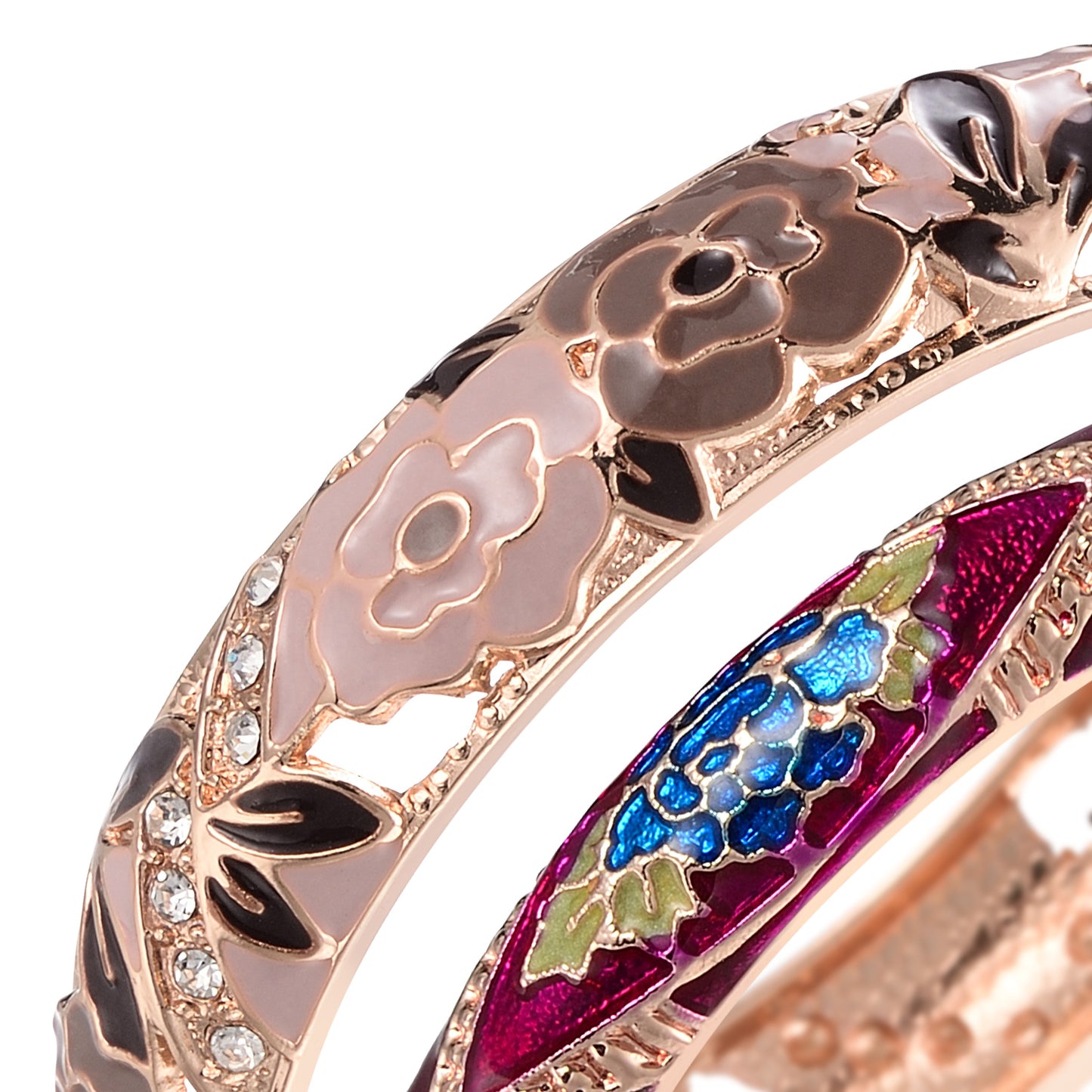 UJOY Fashion Set of Cloisonne Bracelets Gold Plated Flowers Filigree Enameled Womens Gifts Bangles Spring Hinged