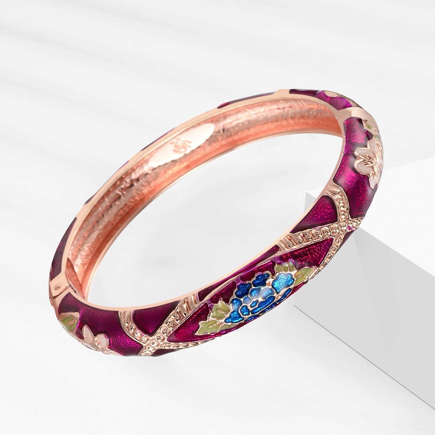 UJOY Fashion Set of Cloisonne Bracelets Gold Plated Flowers Filigree Enameled Womens Gifts Bangles Spring Hinged