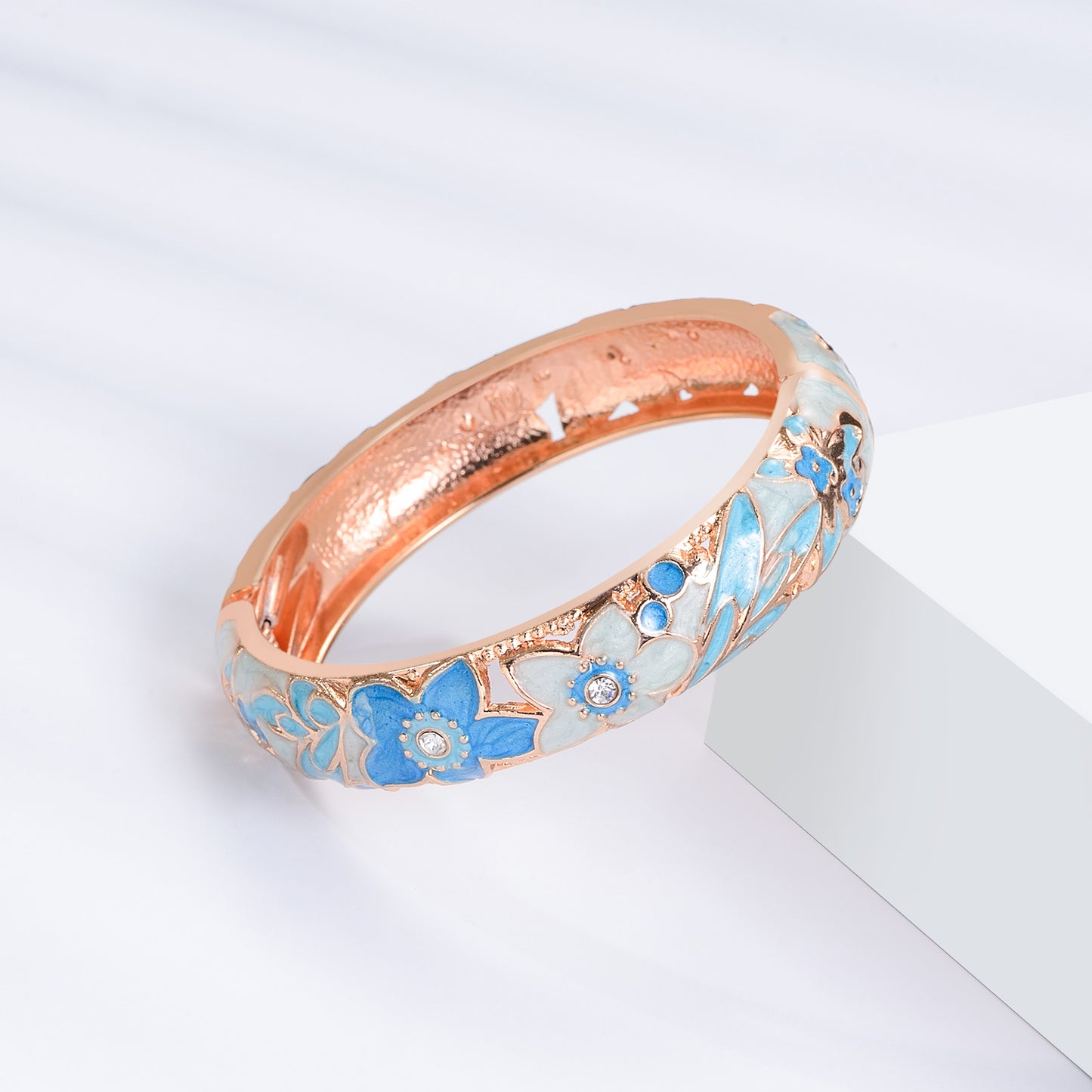 UJOY Fashion Set of Cloisonne Bracelets Gold Plated Blue Flowers Filigree Enameled for Womens Gifts