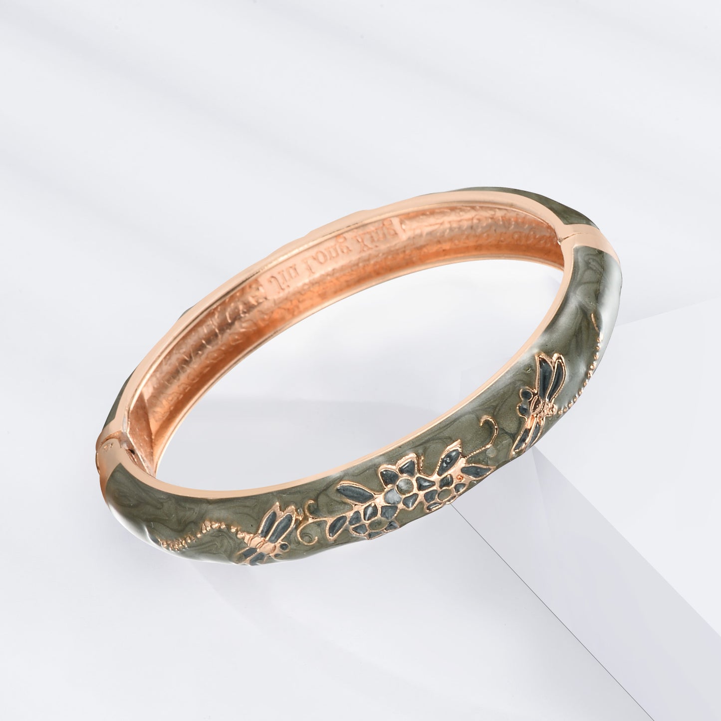 UJOY Handcrafted Cloisonne Bangle Bracelets Golden Dragonfly Enamel Metal Handcuff Jewelry Set Box Gift for Women