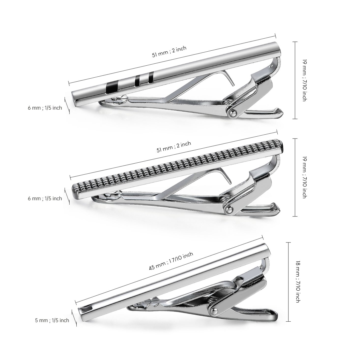 UJOY Tie Clips for Men, 3 Pcs Tie Bars Pinch Clip Set Silver Black 2.3 Inches Business Shirt Necktie Parts