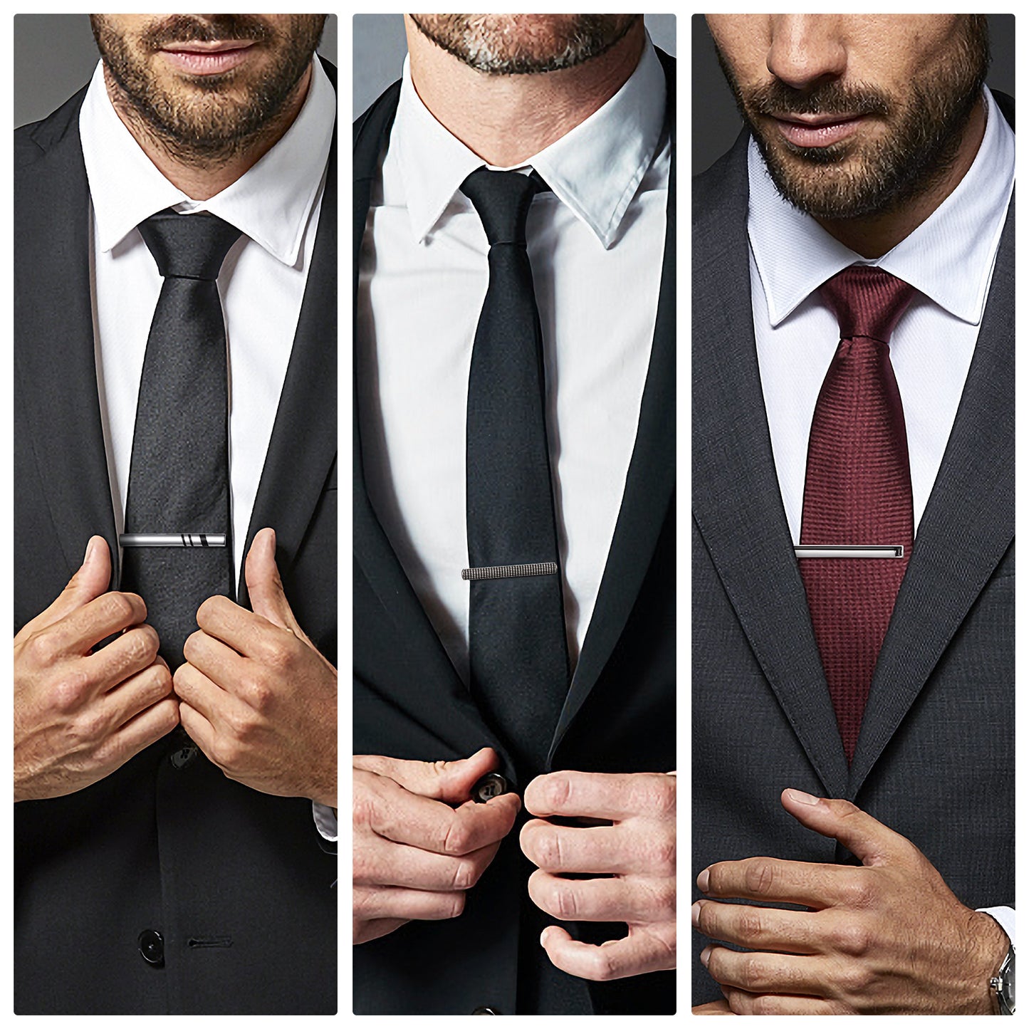 UJOY Tie Clips for Men, 3 Pcs Tie Bars Pinch Clip Set Silver Black 2.3 Inches Business Shirt Necktie Parts