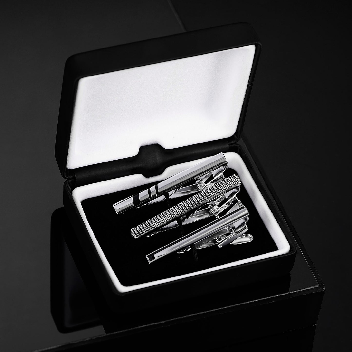 UJOY Tie Clips for Men, 3 Pcs Tie Bars Pinch Clip Set Silver Black 2.3 Inches Business Shirt Necktie Parts