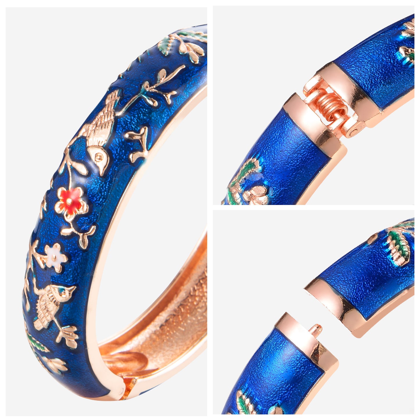 UJOY Colors Handcraft Jewelry Cloisonne Bracelet Enamel Bird Flower Spring Hinged Womens Bangles