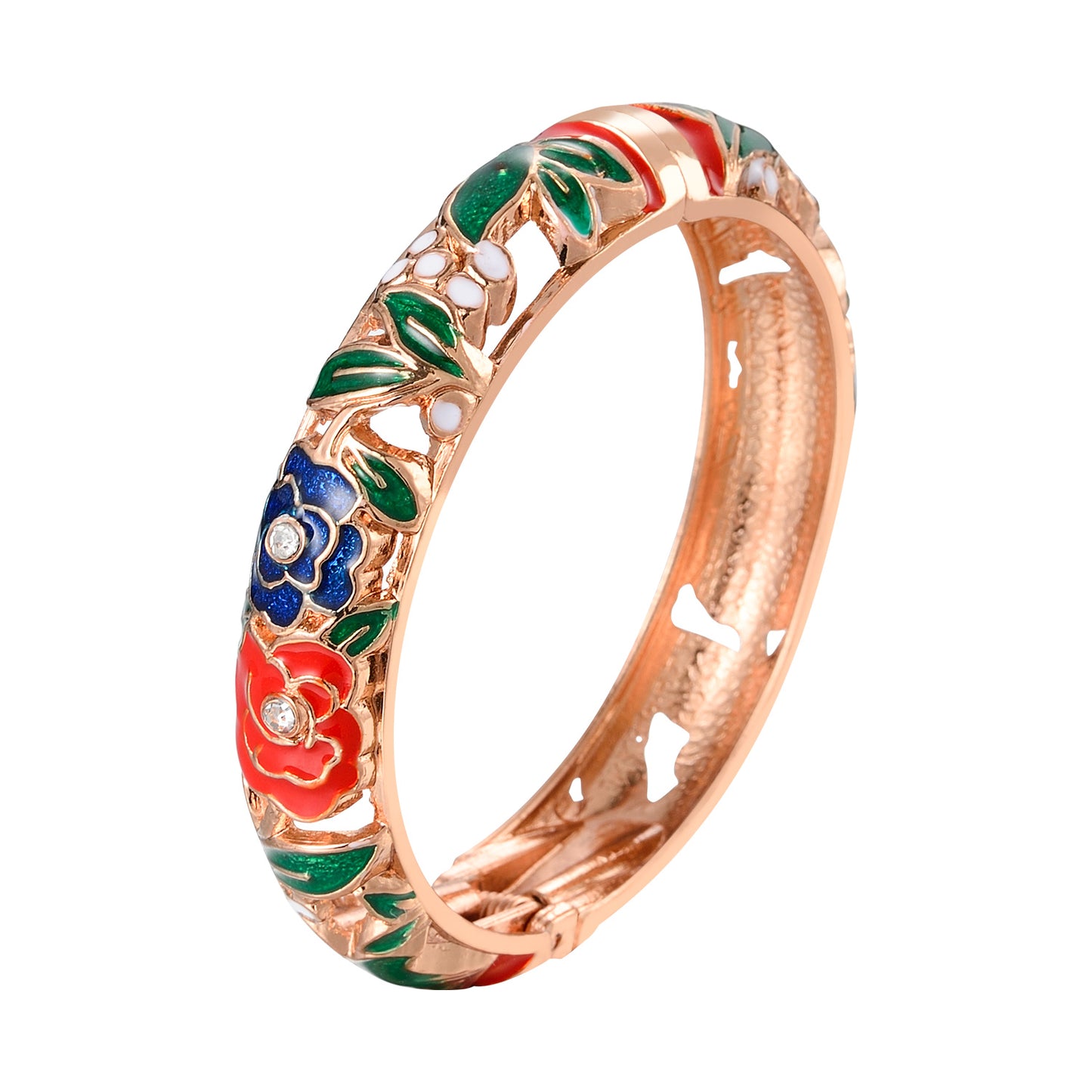 UJOY Cloisonne Bracelet Openable Hinge Gold Cuff Enamel Flower Bangle Jewelry Gift for Women