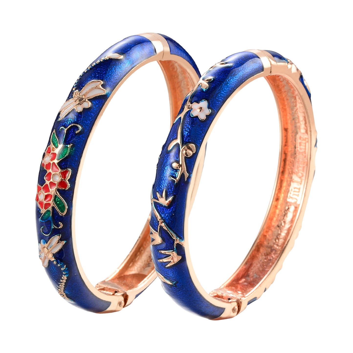 UJOY Set of Cloisonne Bracelet Openable Hinge Gold Cuff Enamel Flower Blue Bangle Jewelry Gift for Women and Girls