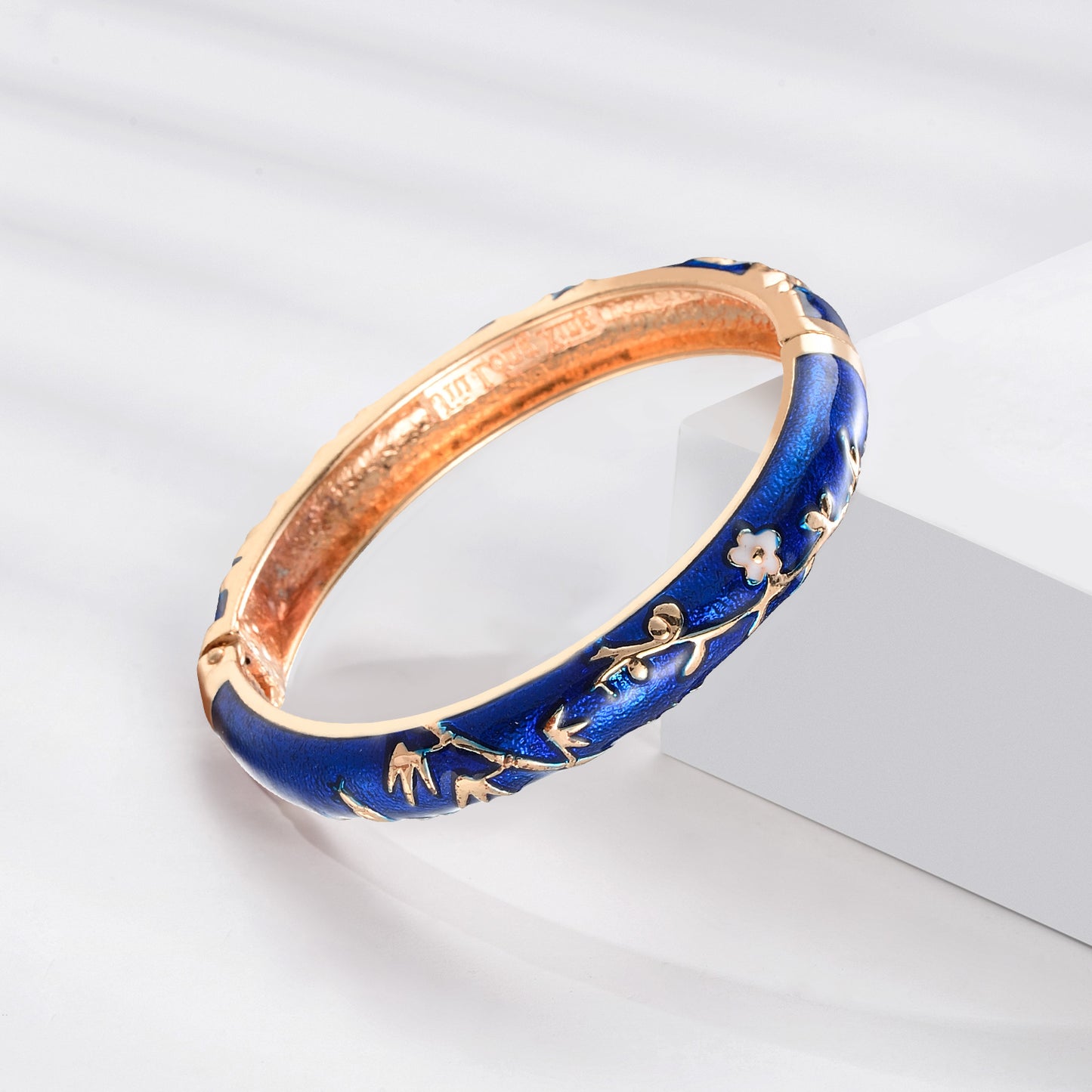 UJOY Set of Cloisonne Bracelet Openable Hinge Gold Cuff Enamel Flower Blue Bangle Jewelry Gift for Women and Girls