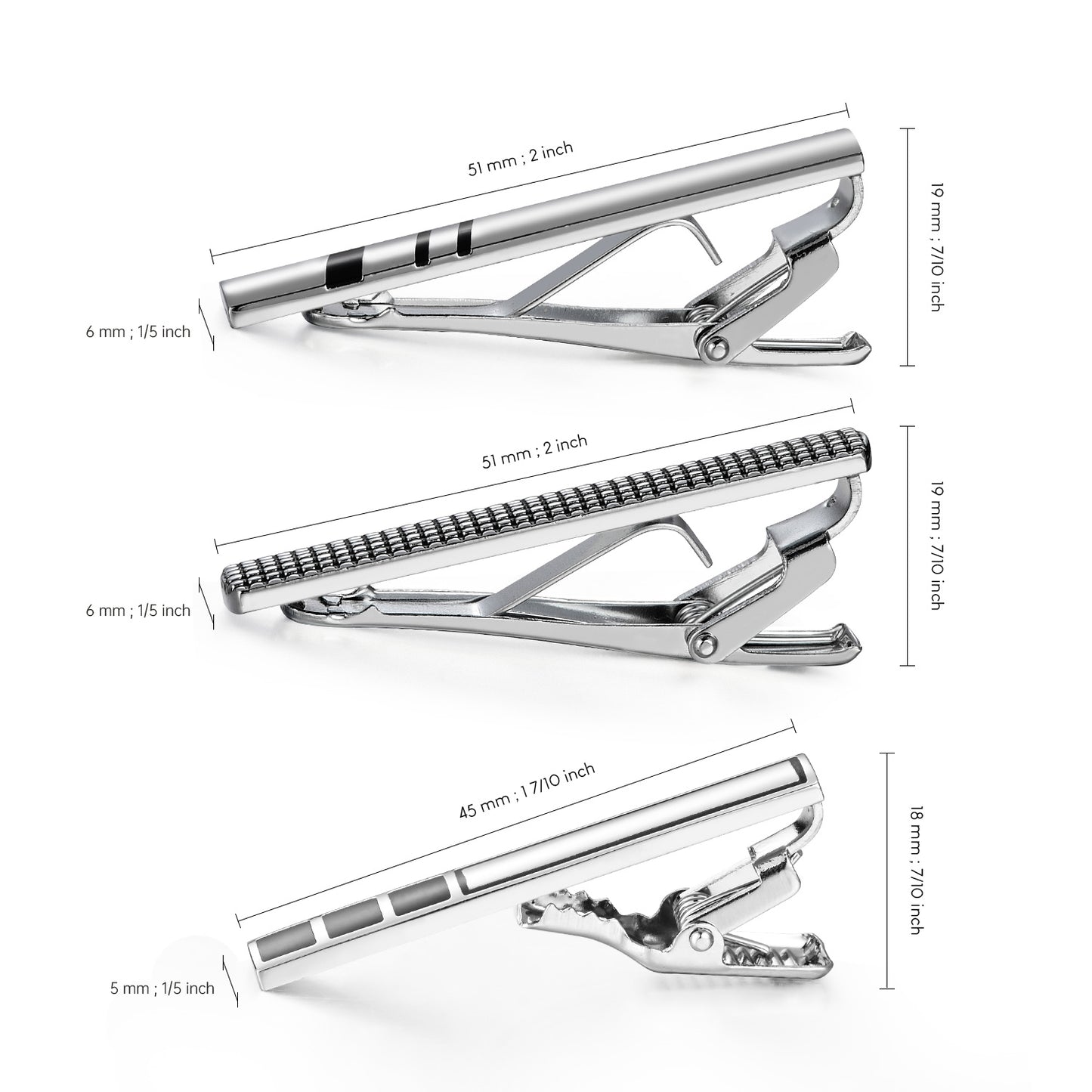 UJOY Tie Clips for Men, 3 Pcs Tie Bars Pinch Clip Set Silver Black 2.3 Inches Business Shirt Necktie Parts