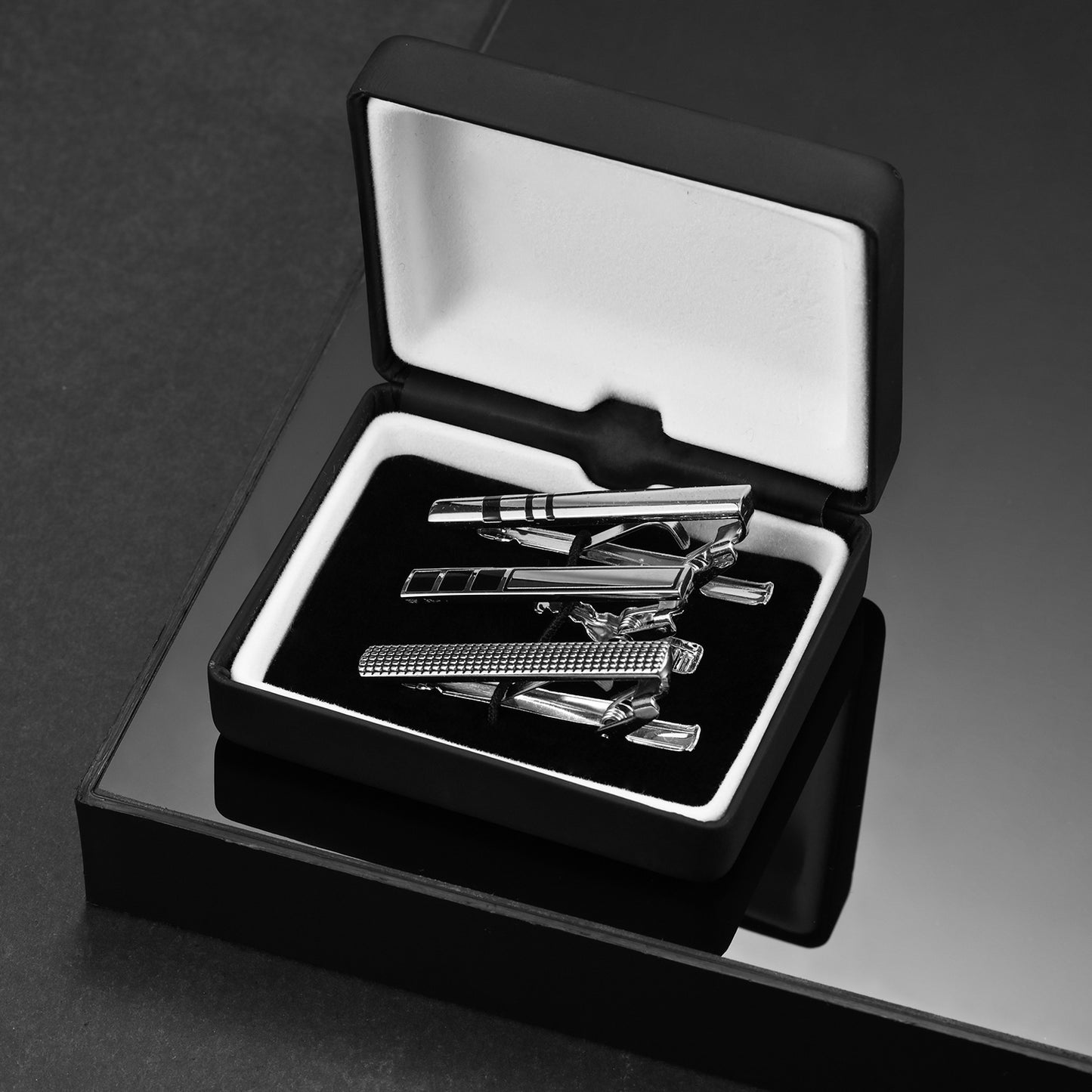 UJOY Tie Clips for Men, 3 Pcs Tie Bars Pinch Clip Set Silver Black 2.3 Inches Business Shirt Necktie Parts