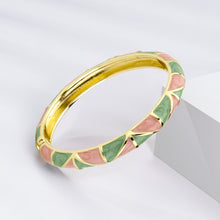 Load image into Gallery viewer, UJOY Vintage Gold Plated Cloisonne Enamel Hinged Bangle, Pink &amp; Green Geometric Segmented Bracelet for Women, Elegant Stackable Jewelry Gift