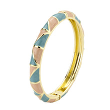 Load image into Gallery viewer, Vintage Gold Plated Cloisonne Enamel Hinged Bangle, Dusty Blue &amp; Nude Pink Geometric Segmented Bracelet for Women, Elegant Stackable Jewelry Gift