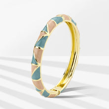 Load image into Gallery viewer, Vintage Gold Plated Cloisonne Enamel Hinged Bangle, Dusty Blue &amp; Nude Pink Geometric Segmented Bracelet for Women, Elegant Stackable Jewelry Gift