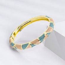 Load image into Gallery viewer, Vintage Gold Plated Cloisonne Enamel Hinged Bangle, Dusty Blue &amp; Nude Pink Geometric Segmented Bracelet for Women, Elegant Stackable Jewelry Gift