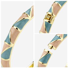 Load image into Gallery viewer, Vintage Gold Plated Cloisonne Enamel Hinged Bangle, Dusty Blue &amp; Nude Pink Geometric Segmented Bracelet for Women, Elegant Stackable Jewelry Gift