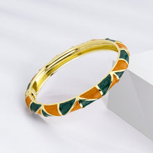 Load image into Gallery viewer, UJOY Vintage Gold Plated Cloisonne Enamel Hinged Bangle, Deep Green &amp; Burnt Orange Geometric Segmented Bracelet for Women, Elegant Stackable Jewelry Gift