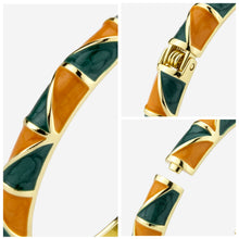 Load image into Gallery viewer, UJOY Vintage Gold Plated Cloisonne Enamel Hinged Bangle, Deep Green &amp; Burnt Orange Geometric Segmented Bracelet for Women, Elegant Stackable Jewelry Gift