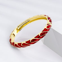 Load image into Gallery viewer, UJOY Vintage Gold Plated Cloisonne Enamel Hinged Bangle, Transparent Wine Red Wavy Line Bracelet for Women, Elegant Stackable Jewelry Gift