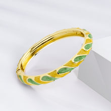 Load image into Gallery viewer, UJOY Vintage Gold Plated Cloisonne Enamel Hinged Bangle, Bright Yellow &amp; Green Swirl Wavy Bracelet for Women, Elegant Stackable Jewelry Gift