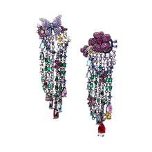 Cargar imagen en el visor de la galería, UJOY Butterfly &amp; Flower Chandelier Earrings – Gunmetal Tone with Multicolor Rhinestones