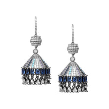 Cargar imagen en el visor de la galería, UJOY Tent-Shaped Tassel Drop Earrings – Gunmetal Tone with Blue &amp; Black Rhinestones