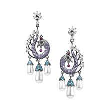 Cargar imagen en el visor de la galería, UJOY Peacock Inspired Drop Earrings – Gunmetal Tone with Purple Crystals &amp; Pearl Tassels