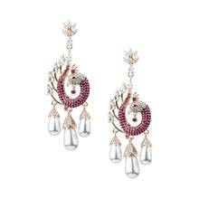 Cargar imagen en el visor de la galería, UJOY Peacock Inspired Drop Earrings – Gold Plated with Pink Crystals &amp; Pearl Tassels