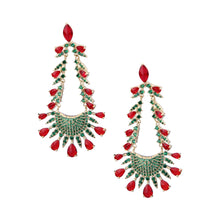 Cargar imagen en el visor de la galería, UJOY Bib-Style Drop Earrings – Gold Plated with Red &amp; Green Rhinestones