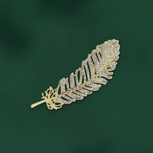 UJOY High Quality Gold Plated Feather Brooch Fashion Lapel Pins with Crystals for Women Jewelry Gift