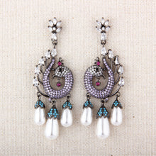 Cargar imagen en el visor de la galería, UJOY Peacock Inspired Drop Earrings – Gunmetal Tone with Purple Crystals &amp; Pearl Tassels
