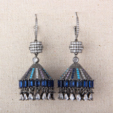 Cargar imagen en el visor de la galería, UJOY Tent-Shaped Tassel Drop Earrings – Gunmetal Tone with Blue &amp; Black Rhinestones