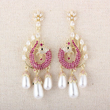 Cargar imagen en el visor de la galería, UJOY Peacock Inspired Drop Earrings – Gold Plated with Pink Crystals &amp; Pearl Tassels
