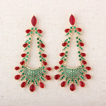 Cargar imagen en el visor de la galería, UJOY Bib-Style Drop Earrings – Gold Plated with Red &amp; Green Rhinestones
