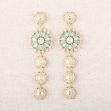 Cargar imagen en el visor de la galería, UJOY Mint Green Floral Drop Earrings – Gold Plated Zinc Alloy with Crystal Rhinestones