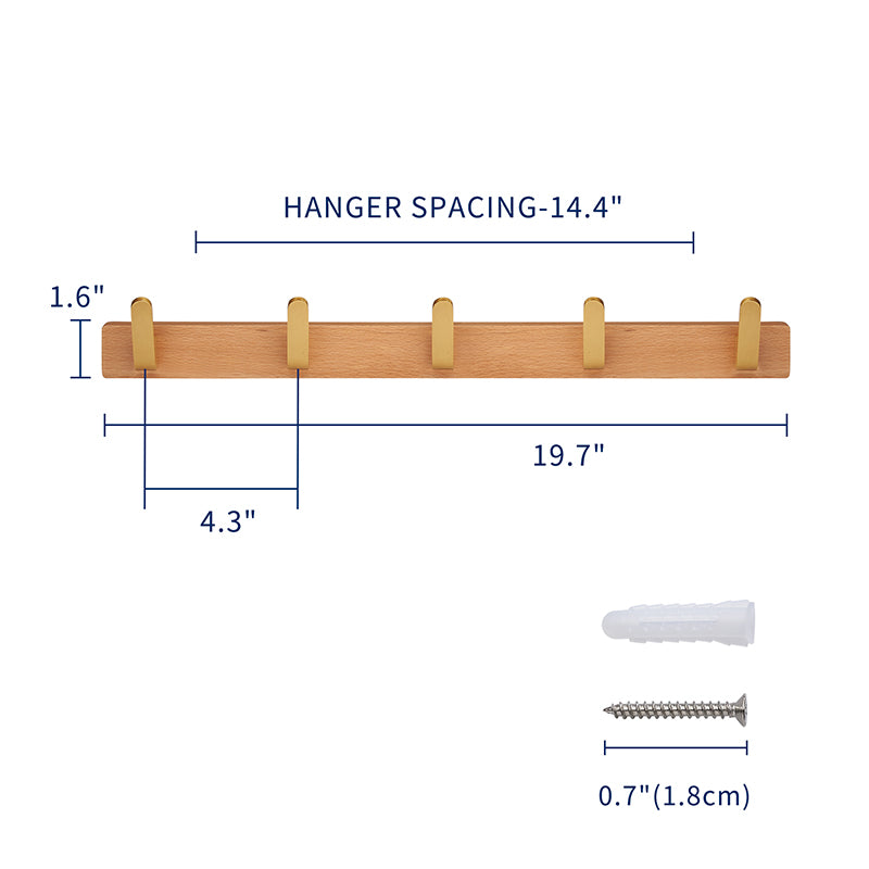 SARIHOSY 5 Hangers Hooks Rack Beech Wood Rack Zinc Alloy Gold Plated Hooks Wall Mounted for Hanging Hat Coat Key Bag 112-5