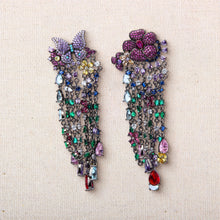 Cargar imagen en el visor de la galería, UJOY Butterfly &amp; Flower Chandelier Earrings – Gunmetal Tone with Multicolor Rhinestones