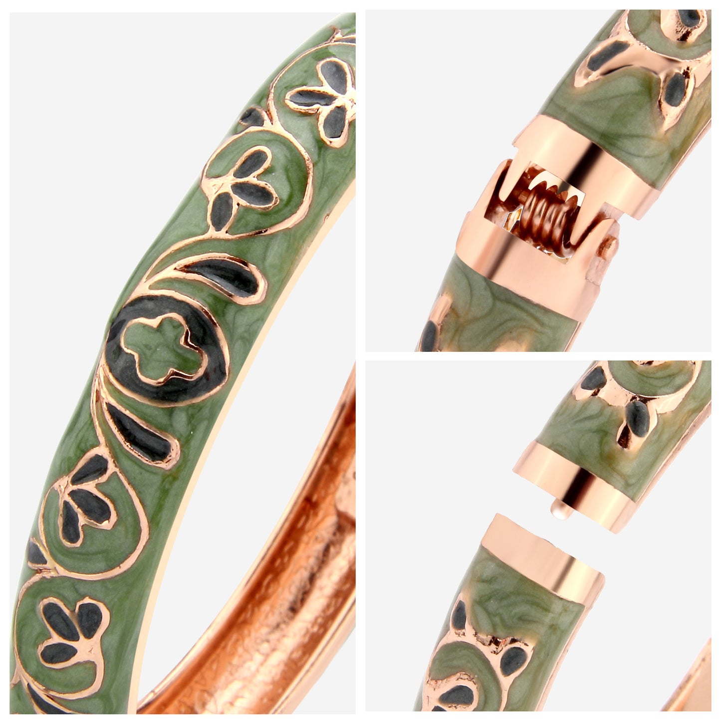 UJOY Cloisonne Bangle Vintage Green Floral Rose Gold Bracelet Cloisonné Bracelet Gitfs for Women Girls